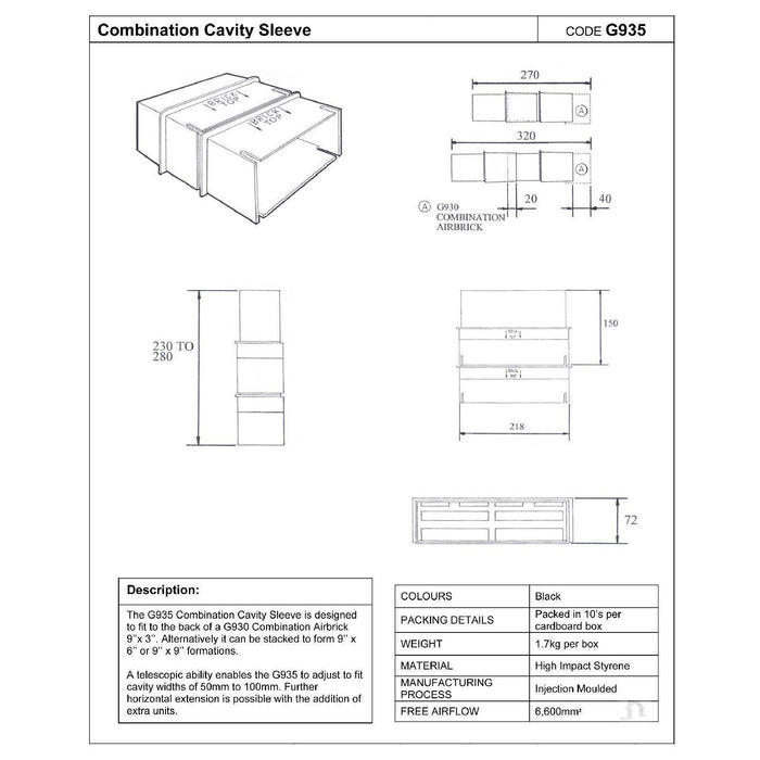 9" x 9" Extendable Combination Cavity Wall Sleeve Vent with Buff Air Bricks