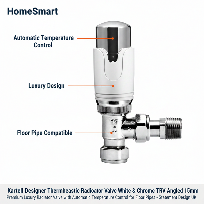 2 x  Kartell Designer Thermostatic Radiator Valve White & Chrome TRV Angled 15mm
