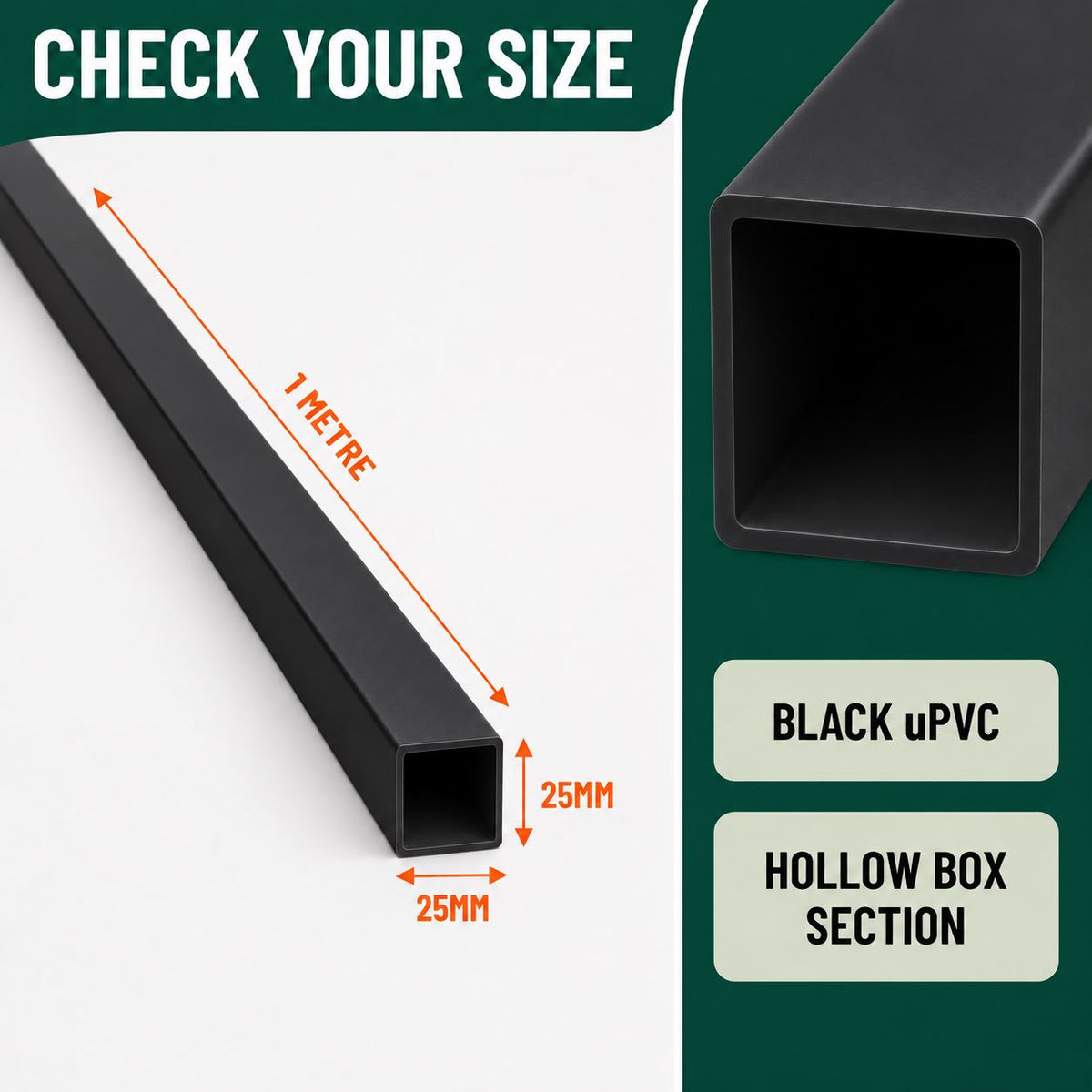 2 x 25mm Black PVC Box Section 1 Metre Length