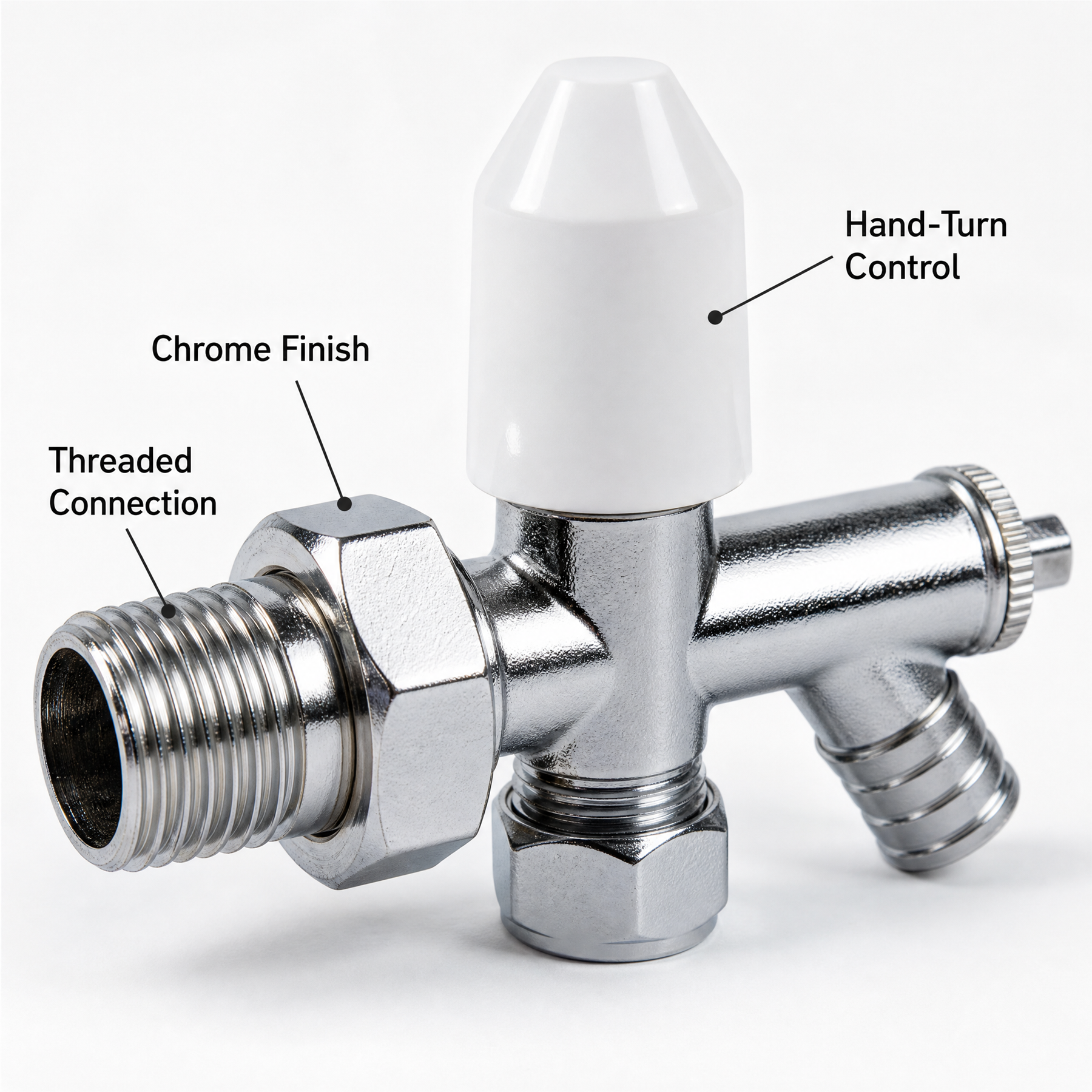 10mm Drain Off Valve Chrome - 1/2" BSP Radiator Drain Cock with White Handle & Hose Tail
