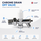 2 x 10mm Drain Off Valve Chrome - 1/2" BSP Radiator Drain Cock with White Handle & Hose Tail