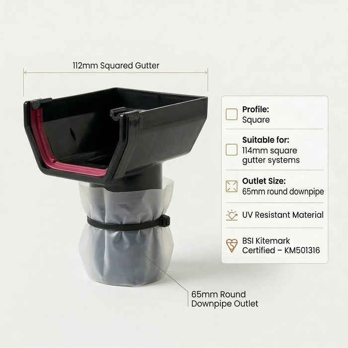 Black 20m Squared Gutter Stop End Outlet Kit 114mm