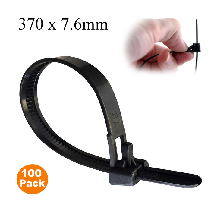 100 x Black Releasable Cable Ties Size: 370 x 7.6mm