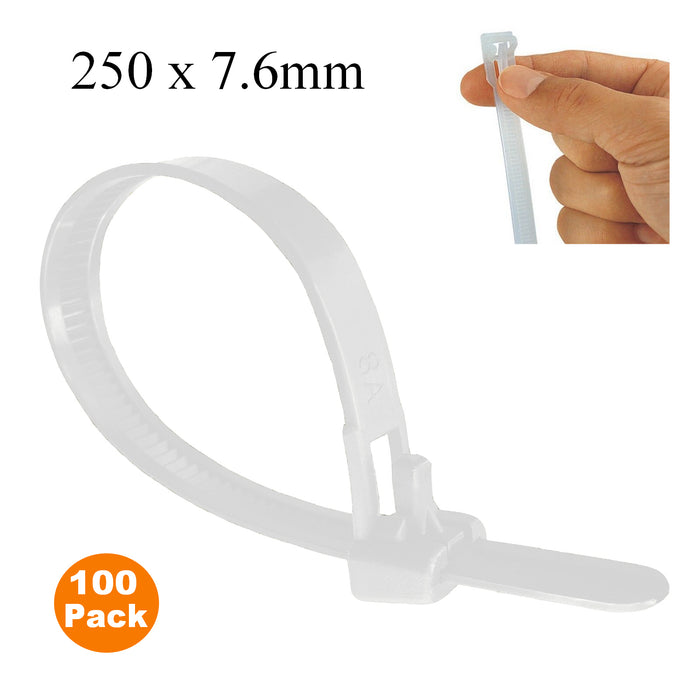 100 x Natural Releasable Cable Ties  Size: 250 x 7.6mm