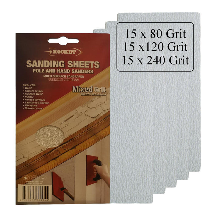 45 x Hook and Loop Mixed Grit 228 x 89mm Pole Sanding Sheets