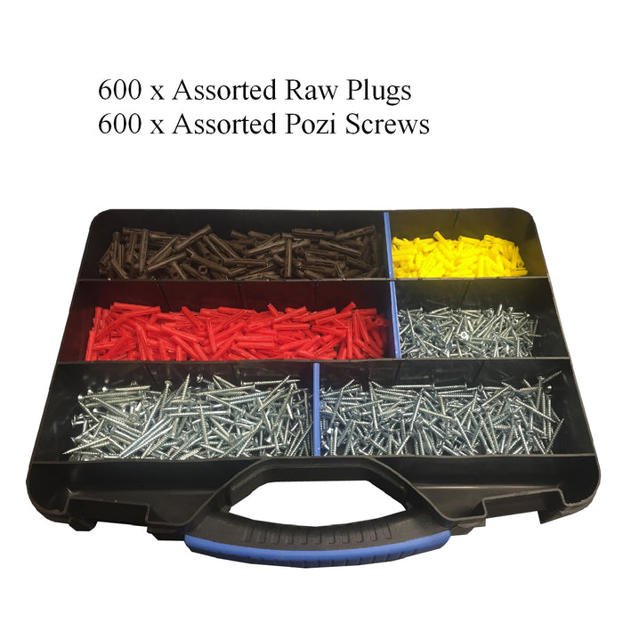 1200 x Assorted Pozi Screws & Raw Fixing Plugs, Twin Thread