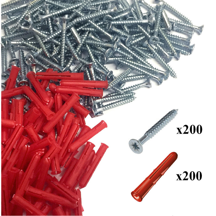 400 x Pozi Screws & Red Raw Fixing Plugs, 4.2 x 38mm Countersunk