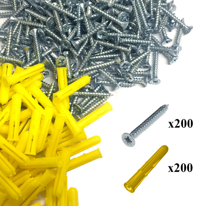 400 x Pozi Screws & Yellow Raw Fixing Plugs, 3.5 x 25mm Countersunk