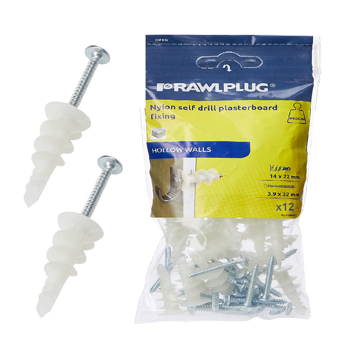 12 x Rawlplug Nylon Self Drill Plasterboard Hollow Stud Wall Fixings