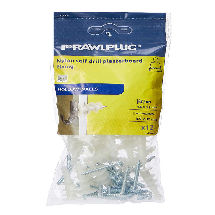 12 x Rawlplug Nylon Self Drill Plasterboard Hollow Stud Wall Fixings