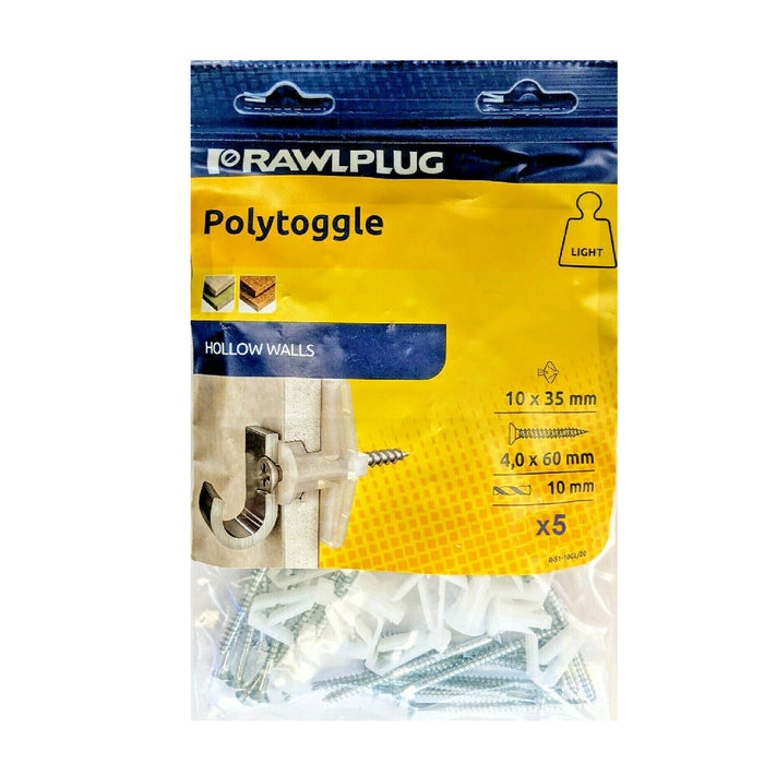 5 x Rawl Poly Toggles & Screws Hallow Plasterboard Wall Fixings