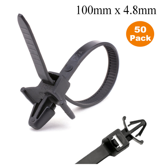 50 x Black Push Mount Winged Cable Ties 100mm x 4.8mm