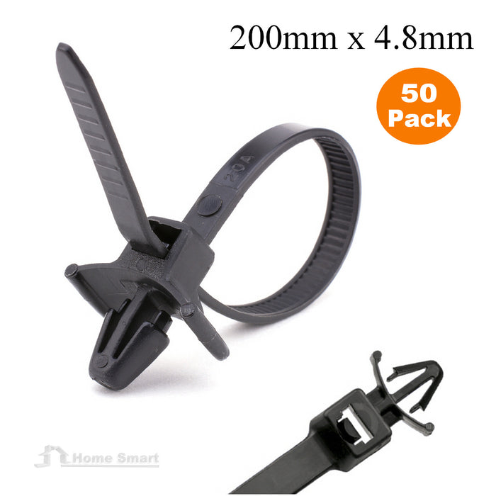 50 x Black Push Mount Winged Cable Ties 200mm x 4.8mm