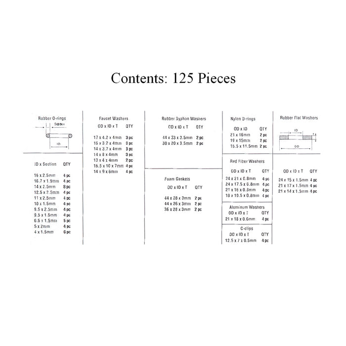 125 x Leaking Tap Reseater Washers, Rubber Nylon Fibre O Rings & C Clips