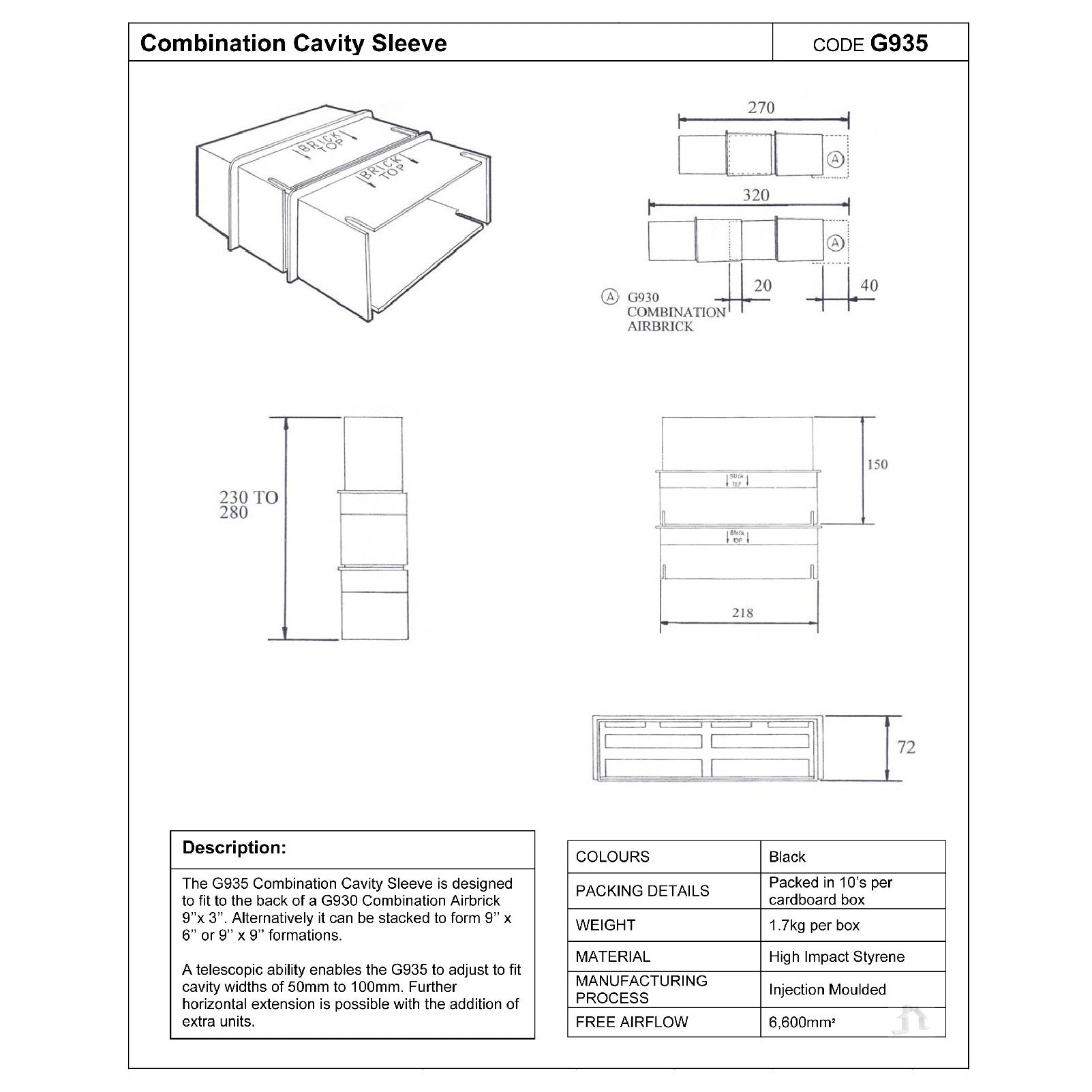 9" x 9" Manthorpe Extendable Combination Cavity Wall Sleeve Vent