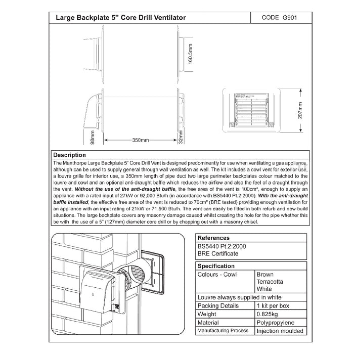 5" Cavity Core Vent Gas Ventilator with Anti Draught Cowl