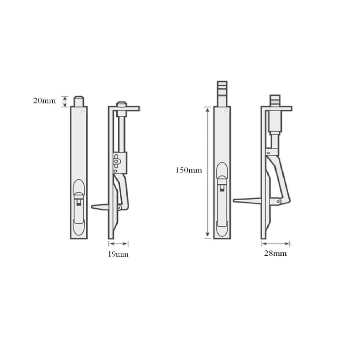 Flush Bolt Door Lock, Polished Chrome, 150mm Lever Slide Locking Action