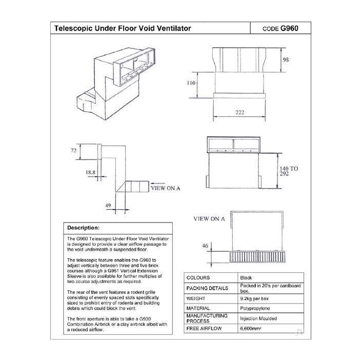 Telescopic Adjustable Underfloor Cavity Wall Vents with Airbricks G960