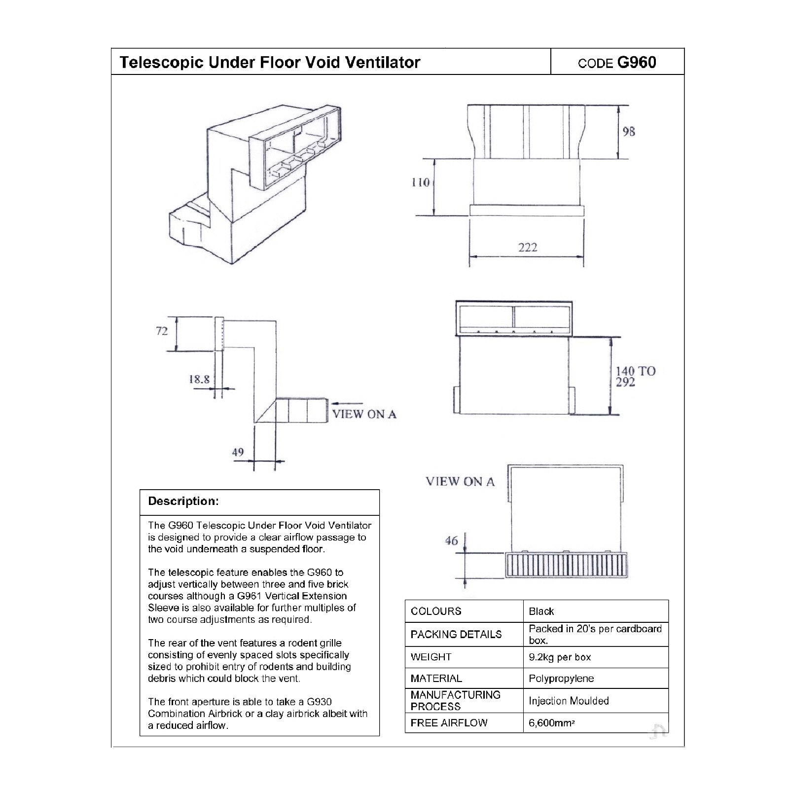 Telescopic Adjustable Underfloor Cavity Wall Vents with Extensions