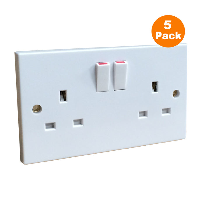 5 x White Double Wall Sockets 2 Gang Square Edge Trade Pack